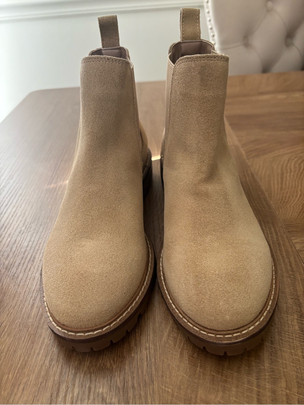 Steve Madden Beige Suede Chelsea Lug Booties